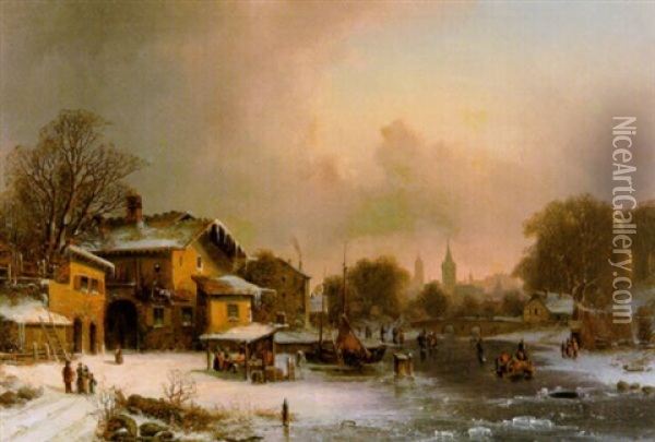 Eisvergnugen Vor Einer Stadt Im Schein Der Abendsonne Oil Painting - Adolf Kirstein
