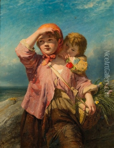 Fishergirl And Her Young Brother Resting On The Coast, A Basket Of Wild Flowers Over Her Shoulder, View Across A Bay Beyond Oil Painting - James John Hill