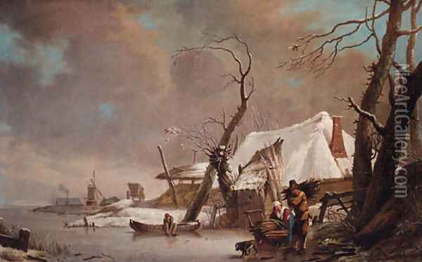 A winter landscape with faggot gatherers on a frozen waterway by a cottage Oil Painting - Hendrick Willem Schweickardt