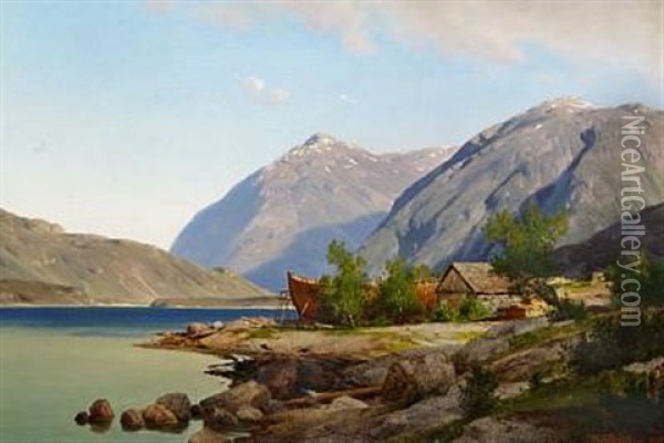 View Of A Norwegian Fjord With A Small Boatyard Oil Painting - Johan Fredrik Eckersberg
