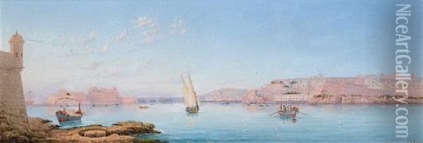 Marsamxett Harbour At Sunset (+ The Grand Harbour From Senglea; Pair) Oil Painting - Luigi Maria Galea