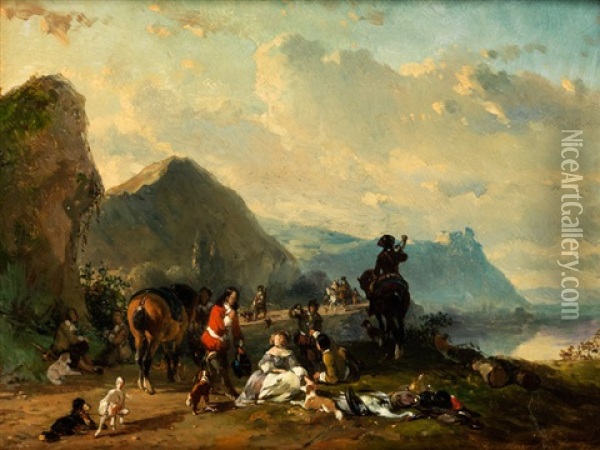 Rastende Jagdgesellschaft In Landschaft Mit Bergen Und See Oil Painting - Joseph Jodocus Moerenhout