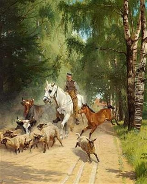 En Rytter Omgivet Af Far, Koer Og Et Fol Oil Painting - Adolf Heinrich Mackeprang