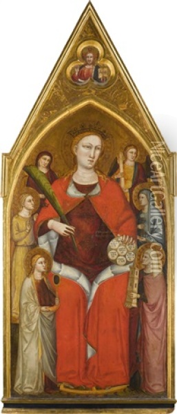 Saint Catherine Of Alexandria With Six Virtues; Above, Christ The Redeemer, Blessing Oil Painting - Lorenzo di Bicci