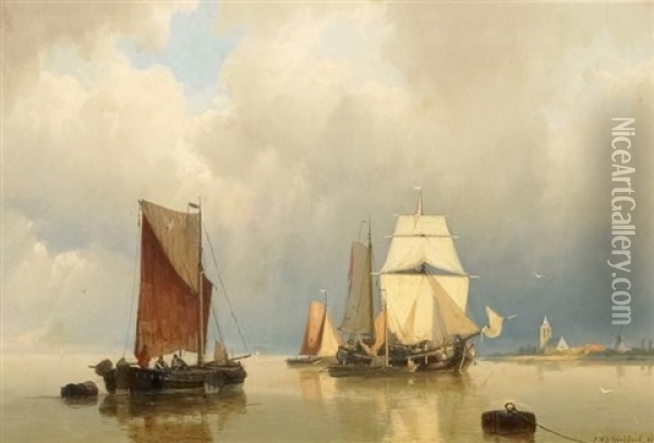 Hollandische Kustenfischer In Stiller See Oil Painting - Johannes Hermanus Barend Koekkoek