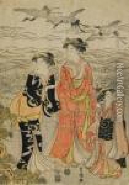 Drei Junge Frauen Oil Painting - Toyokuni