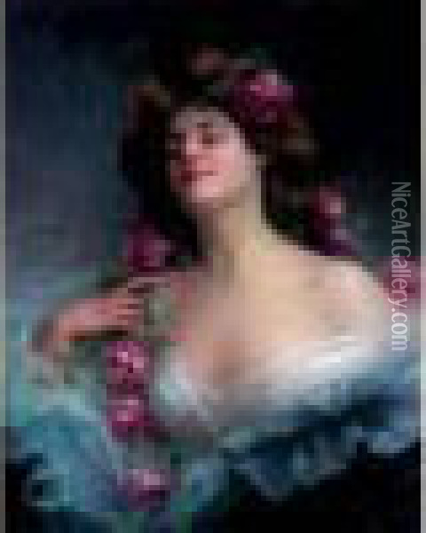 Elegante A La Guirlande De Roses Oil Painting - Delphin Enjolras