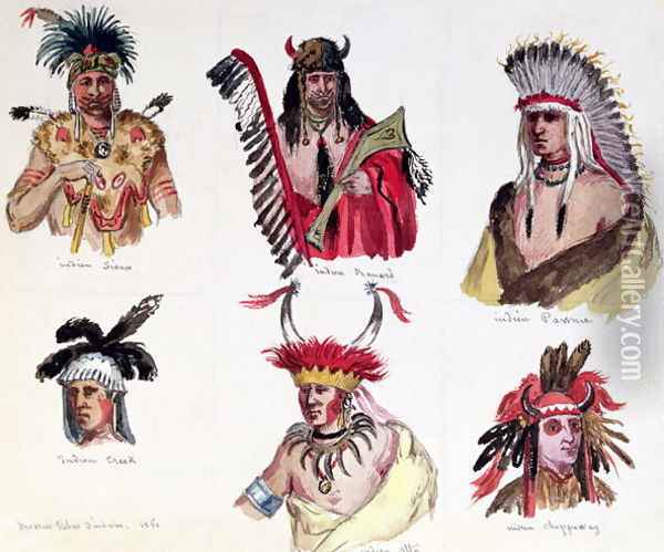 Portraits of Six American Indians from the Sioux, Renard, Pawnee, Creek, Otto and Chippewa Tribes, 1861 Oil Painting - Baron Dudevant Jean Francois Maurice Sand