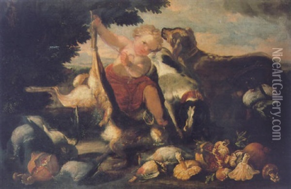 A Cherub And Hounds Amid Dead Game In A Landscape Oil Painting - Baldassare De Caro