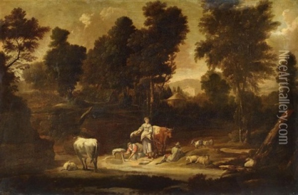 Hirten Mit Ihrem Vieh In Bewaldeter Campagnalandschaft Oil Painting - Pierre Salomon Domenchin de Chavanne