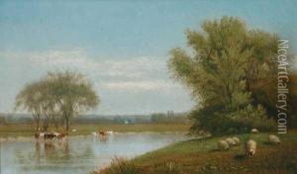 Cattle & Sheep In A River Landscape Oil Painting - Clinton Loveridge