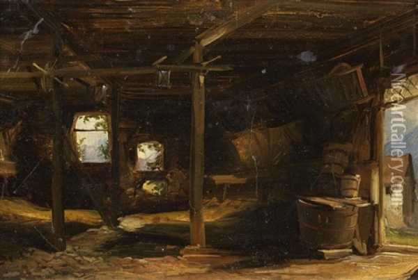 Interior Of A Stable Oil Painting - Caspar Johann Nepomuk Scheuren