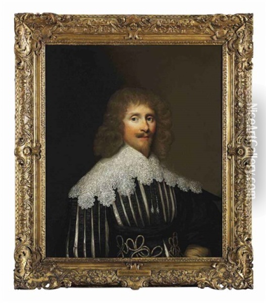 Portrait Of A Gentleman (of The Wilbraham Family?) In A Black Slashed Doublet With A Lace Collar Oil Painting - Cornelis Jonson Van Ceulen
