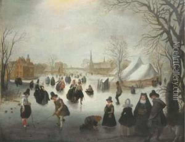 A Winter Landscape With Elegant Figures Skating And Playing Kolf On A Frozen River, A Town Beyond Oil Painting - Adam van Breen