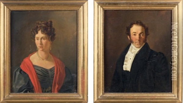 Portrait De Louis Martial Salles Et Portrait D'aubertine Salles (pair) Oil Painting - Hippolyte Jean Flandrin