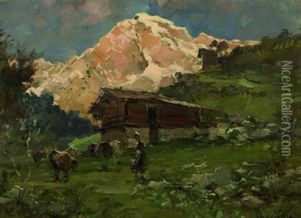 Sennhutte In Den Italienischen Alpen Oil Painting - Cesare Gheduzzi