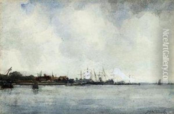 Moored Boats In A Harbour Oil Painting - Johann Hendrik Van Mastenbroek