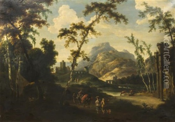 An Italianate Landscape With Travelers Oil Painting - Adam Pynacker