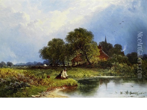 Woodcutters In A Landscape (+ Fishermen In A Landscape; Pair) Oil Painting - George Augustus Williams