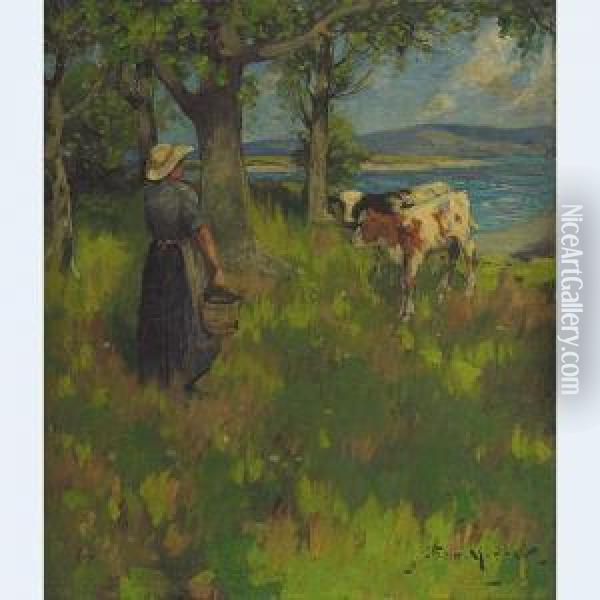 Milkmaid In A Summer Pasture Oil Painting - John Reed Murray