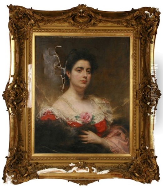 Portrait De Femme Au Bouquet De Roses Oil Painting - Henri Adrien Tanoux