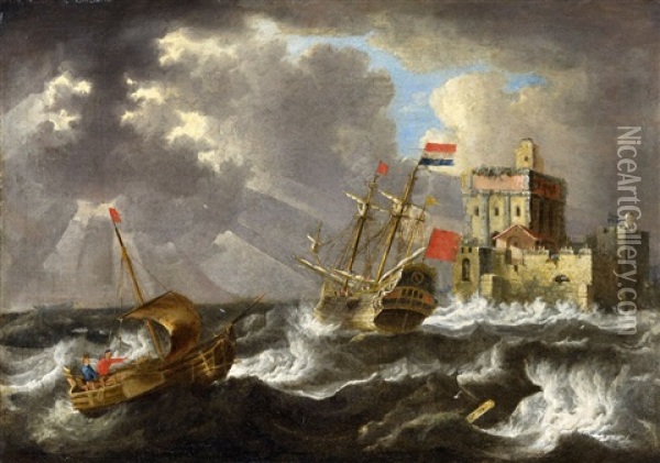 Dutch Sailing Ships In Stormy Seas Oil Painting - Bonaventura Peeters the Elder