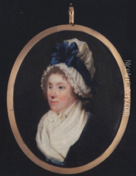 Lady Douglas (nee Frances Scott) Wearing White Fichu, Blue Waistband And Black Cloak With Frill, A White Indoor Bonnet Decorated With A Blue Bow Over Her Powdered Hair Oil Painting - Francois Ferriere