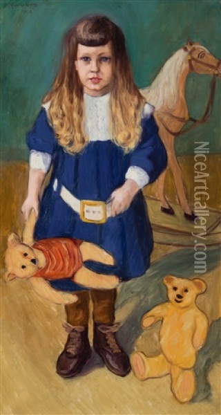 Girl And Teddy Bear Oil Painting - Jalmari Ruokokoski