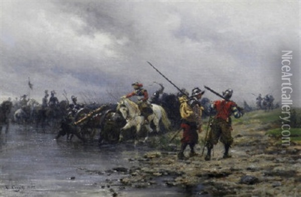 Round Horse Artillery Crossing A Stream Oil Painting - Ernest Crofts