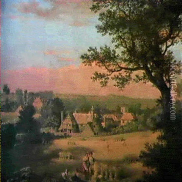 A View Of Chalfont St. Giles And Little St. Giles With      Figures And A Dog Beside Corn Stooks... Oil Painting - Thomas Jones