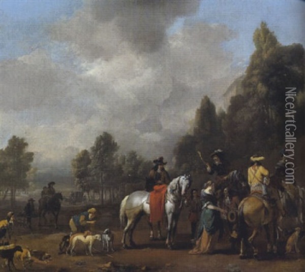 Rastende Jagdgesellschaft Vor Dem Tor Eines Schlosparks Oil Painting - Johannes Lingelbach