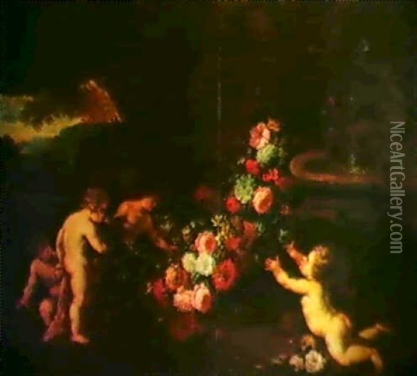 Blumen Und Putten Beim Brunnen Eines Schlossparks. Oil Painting - Abraham Brueghel