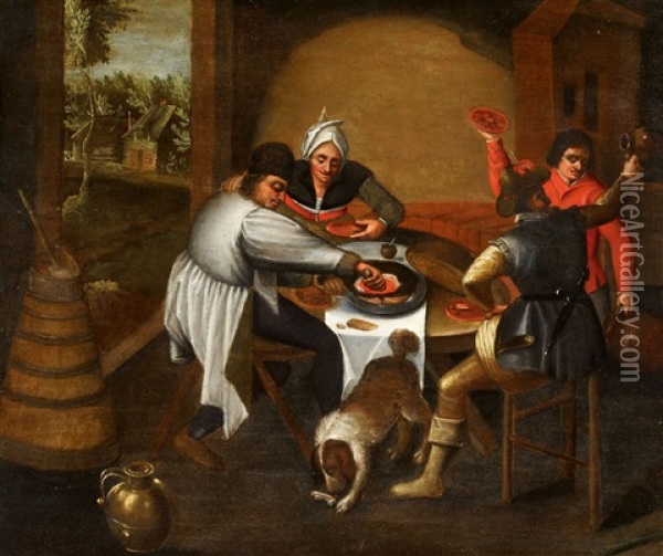 Peasants Feeding Spanish Soldiers Oil Painting - Marten van Cleve the Elder