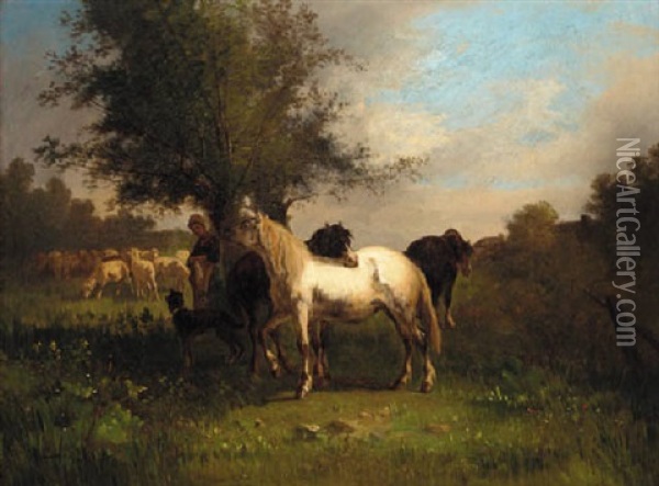A Farm Girl With Horse And Sheep In A Field Oil Painting - Antonio Cortes Cordero