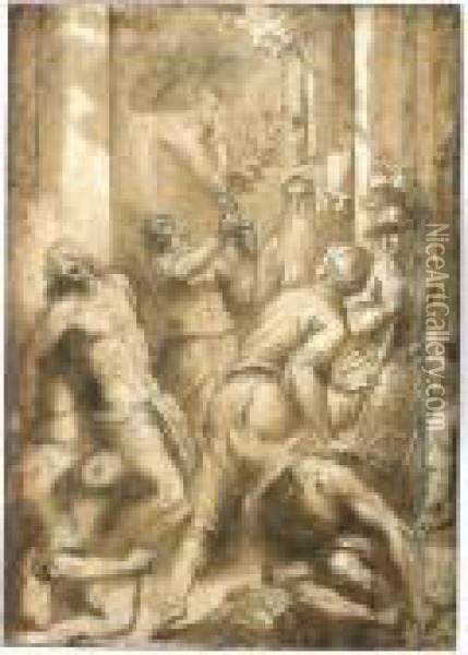 Flagellation Of Christ Oil Painting - Acopo D'Antonio Negretti (see Palma Giovane)