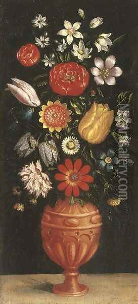 Tulips, roses, carnations and other flowers in a vase on a stone ledge Oil Painting - Ludger Tom The Younger Ring