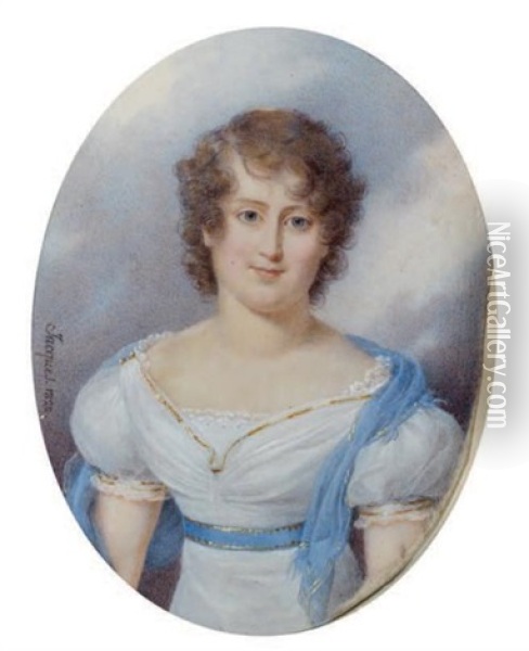 Portrait De Femme A La Robe Blanche Et Au Chale Bleu Oil Painting - Nicolas Jacques