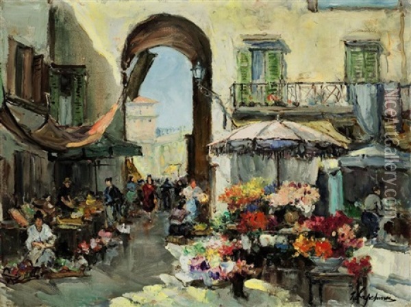 A Flower Market In Nice Oil Painting - Georgi Alexandrovich Lapchine