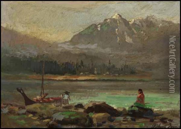 Figures By The Lake Oil Painting - John Innes