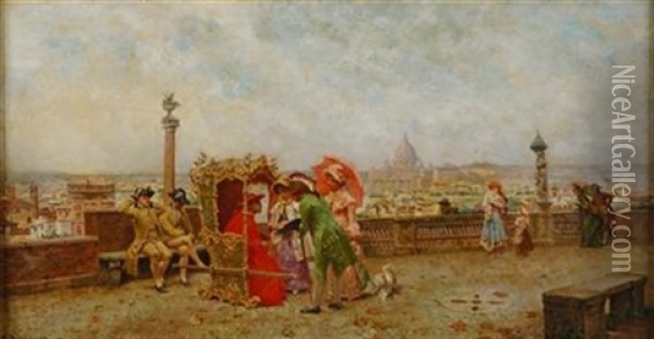 View Of Rome From The Hills Above The Piazza Del Populo, With Figures In 18th Century Dress Oil Painting - Louis Alvarez Catala