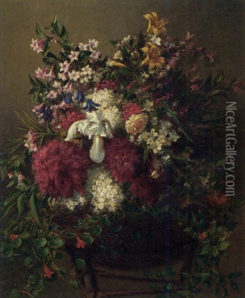 Summer Flowers In A Basket Oil Painting - Mark William Fisher