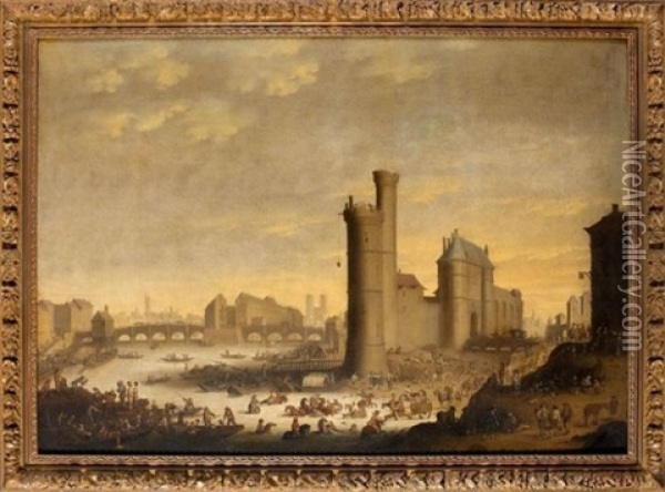 Paris Vue De La Seine, Notre Dame, Le Pont Neuf Et A Droite La Tour De Nesle Oil Painting - Pieter Bout