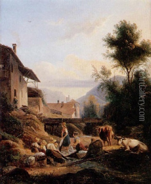 Blanchisseuses Pres D'un Ruisseau Dans Un Paysage Du Dauphine Oil Painting - Isidore Dagnan