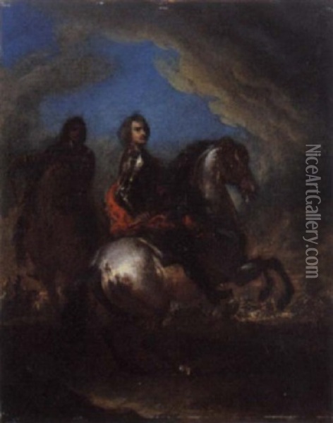 Ritratto Di Condottiero A Cavallo, Con Corazza E Mantello Rosso, Ed Un Cavaliere Al Suo Fianco Oil Painting - Francesco Simonini