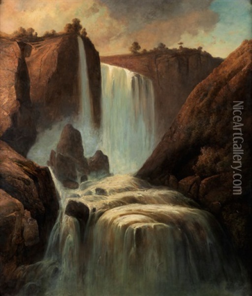 Gebirgslandschaft Mit Wasserfall Oil Painting - Josef Karl Berthold Puettner