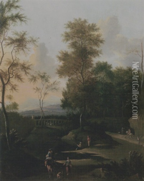 An Evening Landscape With Travellers And Fishermen On A Track, An Aqueduct Beyond Oil Painting - Timotheus De Graef