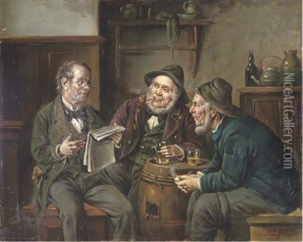 Debating The News Oil Painting - Rudolf Klingsboegl