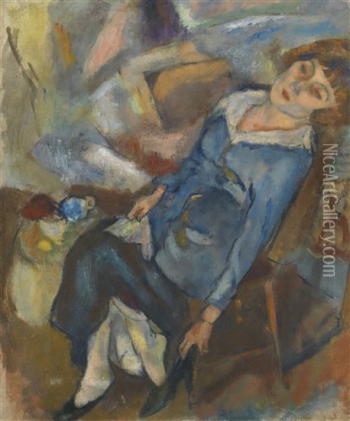 Hermine David Mettant Son Soulier Oil Painting - Jules Pascin