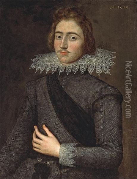 A Portrait Of A Gentleman, Wearing A Black Doublet And A Lace Collar Oil Painting - Paul van Somer