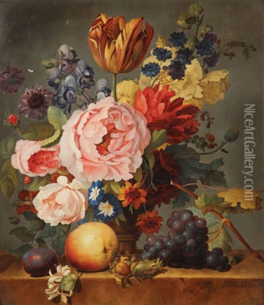 Nature Morte Aux Roses, Tulipes, Pomme, Raisins Oil Painting - Alexandre Joseph Scaron